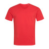 A red crew neck t-shirt with short sleeves and a small logo on the neckline.