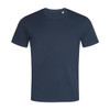 A navy blue men's crew neck t-shirt with short sleeves and a small logo on the collar.