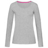 A grey women's long sleeve t-shirt with a V-neck, featuring a contrasting inner neckline and a logo.