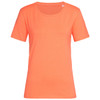 A women's crew neck t-shirt in bright orange with short sleeves and a round neckline. Features a small logo.