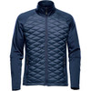 A men's boulder thermal shell jacket in navy, featuring a quilted front and smooth sleeves, with a logo.