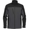 A softshell jacket in grey and black with a zippered chest pocket and two front pockets. It features a logo.