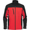 A men's softshell jacket in red and black, featuring a zippered chest pocket and side pockets, with a branded logo.
