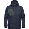 A navy rain jacket featuring a contrasting grey pocket and a hood, with zippers and branding.
