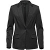 A women's black knit blazer with a single button and striped interior, featuring two front pockets and a lapel collar.