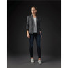 A grey women's Delano knit blazer worn over a white top and paired with dark jeans and white shoes.
