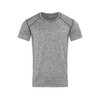 A grey short-sleeved T-shirt made from recycled materials, featuring a logo.