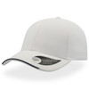 A white cap with a curved visor and a branding label on the side.