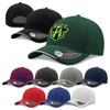 A collection of caps in black, green, burgundy, grey, and white, featuring a logo on one cap.