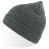 A dark green Woolly Beanie with a ribbed texture and a pointed top, featuring a logo.