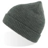 A grey Woolly Beanie with ribbed texture and a tapered top, featuring a logo.