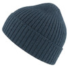 A navy blue ribbed beanie with a snug fit and a small logo on the side.