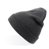 A grey beanie with a folded cuff, featuring a smooth texture and a simple design. It has a logo on one side.