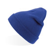 A blue beanie with a fitted design and a rounded top, featuring a logo on the side.