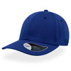 A blue cap featuring a mid-visor and a logo on the side. The design is simple and classic.