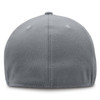 A grey cap with a smooth fabric finish and a rounded back, featuring stitching details and a logo.