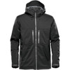 A men's jacket in black with a hood, featuring zippered pockets and a sleek design. It has a logo on the sleeve.