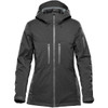 A women's jacket in dark grey with a hood, featuring multiple zippered pockets and a sleek design.