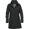 A dark grey women's jacket with a high collar and a sleek design. Features a branding logo.