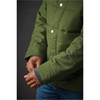 A green thermal jacket with a quilted design and silver snaps, featuring a textured cuff.