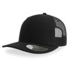 A black trucker cap featuring a solid front panel and mesh back, with a curved brim and a logo on the side.