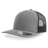 A grey trucker cap with a mesh back and a rounded brim, featuring a logo on the front.
