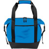 A blue cooler bag with black straps and a solid base, featuring zippers and a logo.