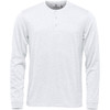 A long-sleeve, light grey Henley shirt with a three-button collar and a small logo.