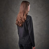 A black long-sleeve henley shirt for women, displayed from the back, with a simple design and a fitted silhouette.