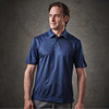 A navy blue polo shirt with a subtle striped pattern and a collar, featuring a logo on the chest.