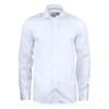 A white button-up shirt with long sleeves and a collar, featuring a branding logo.