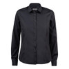 A women's button-up shirt in black, featuring a classic collar and long sleeves. It has buttons down the front and a logo.