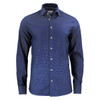 A navy button-up shirt featuring a subtle pattern, with a collar and long sleeves. It includes a logo on the fabric.
