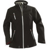 A black women's softshell jacket with multiple zippered pockets and a high collar. Features a logo on the sleeve.