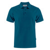 A teal men's cotton polo shirt with a classic collar and three buttons, featuring a logo.