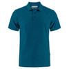 A teal men's cotton polo shirt featuring a collar and button placket, with a logo on the side.