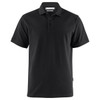 A black cotton polo shirt with short sleeves and a collar, featuring buttons and a logo.