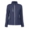 A women's softshell jacket in navy blue with zippered pockets and a branded logo.