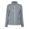 A light grey women's softshell jacket featuring zippered pockets and a collar. It has a logo on the design.