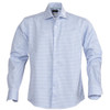 A blue and white check patterned button-up shirt with long sleeves and a collar, featuring a logo.