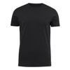 A black crew neck t-shirt with short sleeves and a small logo on the side.
