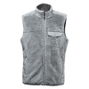 A grey men's sherpa fleece vest featuring a zip front, high collar, and a chest pocket with branding.