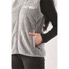 A women's grey Sherpa fleece vest with a zip, featuring a chest pocket and side pockets.