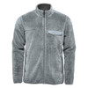 A grey men's Bergen Sherpa fleece jacket with a zip front and a chest pocket, featuring a logo.