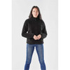 A black women's Bergen Sherpa fleece jacket with a zippered front and a small chest pocket, worn with blue jeans.