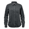A women's long sleeve twill shirt in dark grey, featuring a button-up front and a single chest pocket.