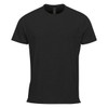 A black short sleeve t-shirt featuring a logo, designed for performance wear.