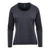 A dark grey long sleeve performance tee with a round neckline and a logo.