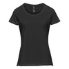 A black women's short sleeve tee with a round neckline and a subtle logo.