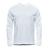 A white long sleeve t-shirt with a crew neck and logo on the chest.